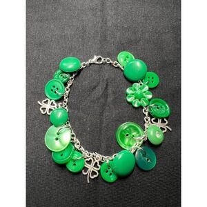 Vintage Button Charm Bracelet: Green Buttons Silver Shamrock Charms - 8 Inch